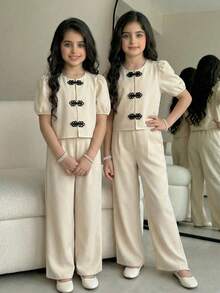SHEIN 2pcs Girls Casual & Elegant Flutter Sleeve Round Neck Blouse And Wide Leg Pants Set - Apricot - View 4