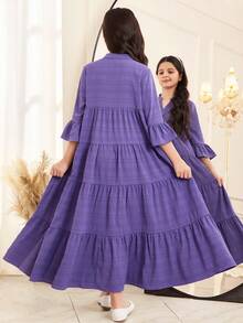 SHEIN Tween 女童宽松 V 领分层纹理面料 3/4 袖 A 字形连衣裙 - 淺灰紫 - 查看 3