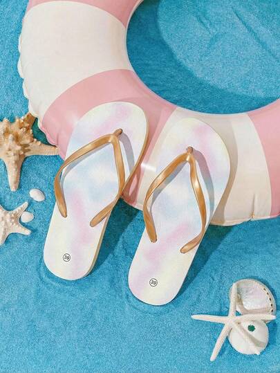 Grefit 女士渐变粉色和蓝色扎染金色夹扣人字拖，夏季假日穿着舒适百搭凉鞋