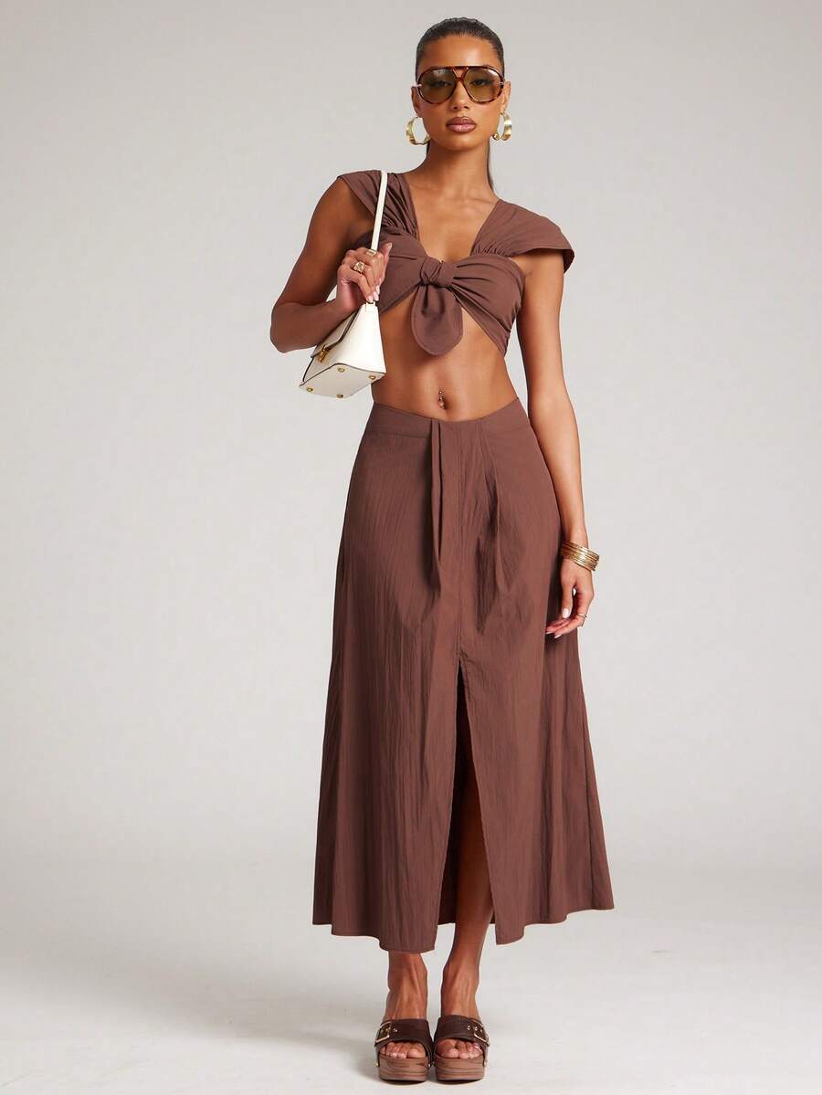 NYA SZN Setelan Serasi Atasan & Rok Lengan Pendek Model Crop dengan Syal Berbahan Linen, Pakaian Sehari-hari Musim Panas untuk Wanita - Coklat - View 1