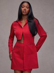 NYA SZN Matching Sets Top And Skirt Long Sleeve Collared Mandarin High Low Hem Cool Girl Streetweat Street Style Pocket Mini Length Statement Easter St. Patricks Day Brunch Casual Everyday Going Out Party Special Occasion Travel Vacation Office Siren Western Country Date Night Elegant Luxury Outfits For Women - Red - View 1