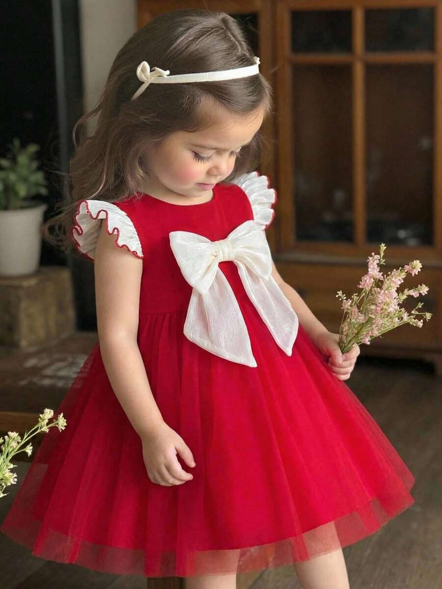 SHEIN Baby Girl Woven Bow Mesh Cap Sleeve Dress, Suitable For Christmas Party, Gatherings And Other Occasions - Multicolor - View 1