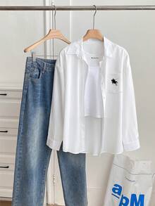 SHEIN 女式休闲百搭骑士印花口袋衬衫 - 白色 - 查看 5