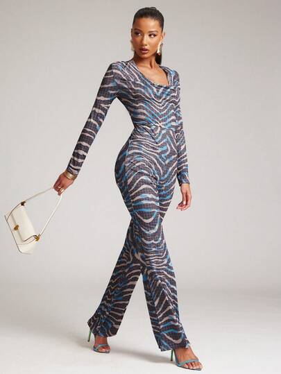 NYA SZN Jumpsuit Printed Zebra 70s Retro Cowl Neck Plunging Neckline Flare Y2k Memorial Day Mothers Day Picnic Brunch Festival Casual Sexy Cool Girl Everyday Going Out Party Special Occasion Travel Vacation Office Siren Western Country Date Night Elegant Luxury Business Casual Event Wedding Formal Brunch Office Street Style Spring Summer Statement Carnival Bridal Shower Outfits For Women