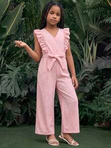 SHEIN 女童V领荷叶边休闲连体裤 - 淡紫色 - 查看 3