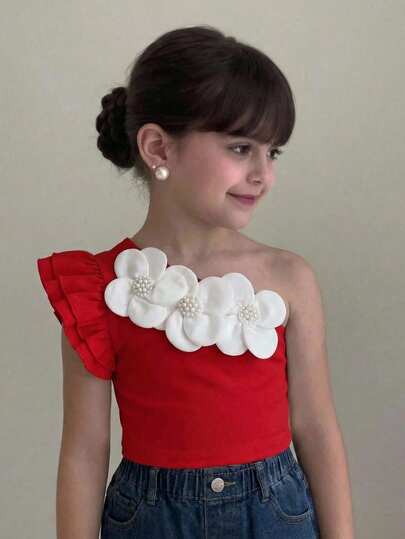 SHEIN Girls Beaded Floral Cami Top, Elegant & Versatile For Summer Outings And Parties Young Girl Scallop Trim One Shoulder Peplum Tank Top