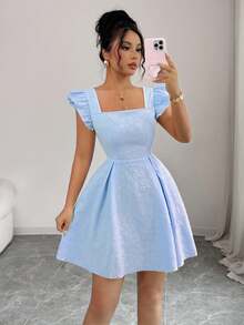 Elenzga Y2K American Independence Day New Season French Square Collar Cap Sleeve Cinched Waist Summer High-End Textured Floral A-Line Sweet Mini Elegant Office Dress, Cream Yellow - Baby Blue - View 7