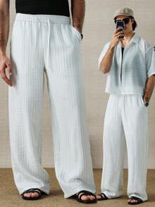 HUEFORM 男士抽绳腰带口袋直筒宽松条纹裤，适合返校季和春夏穿着 - 白色 - 查看 1