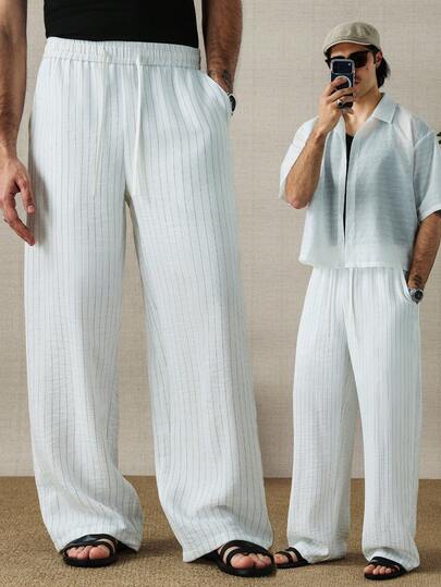 HUEFORM Men's Drawstring Waist Pockets Straight Loose Fit Stripe Pants Back To School, Spring&Summer