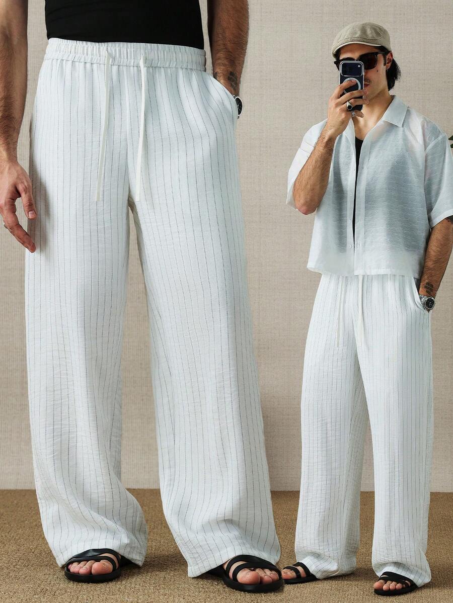 HUEFORM 男士抽绳腰带口袋直筒宽松条纹裤，适合返校季和春夏穿着 - 白色 - 查看 1
