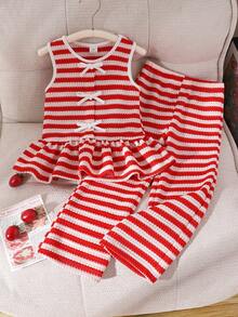2pcs Girls Outfit,Sleeveless Striped Plaid Vest,Matching Loose Straight Leg Pants,Bow Decor Criss-Cross Straps,Summer,Family Matching,Casual Outings - Red and White - View 6