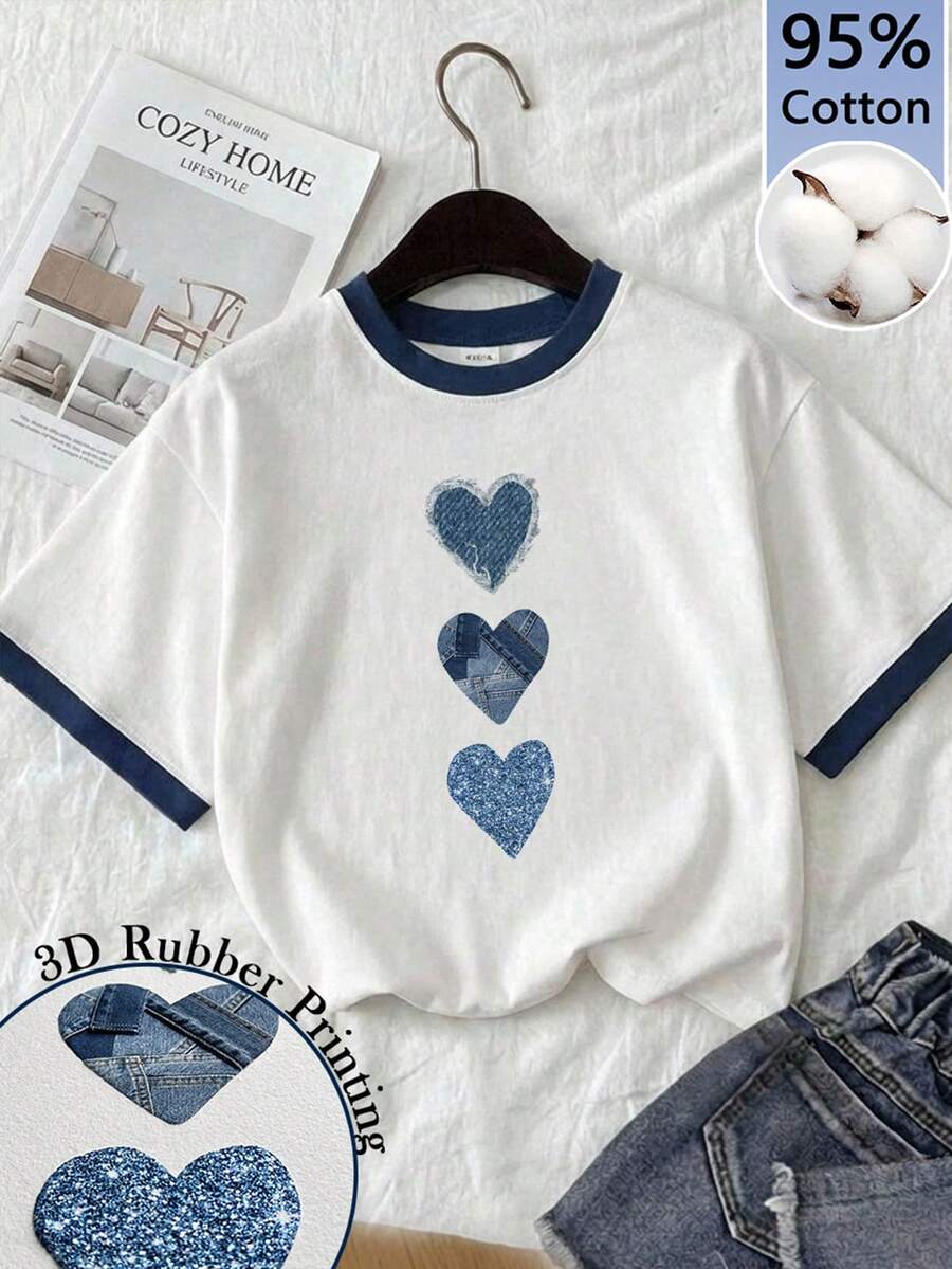 SHEIN EZwear 95%纯棉女式蓝色爱心3D橡胶印花圆领短袖T恤 - 可爱柔美复古风，适合春夏度假、西部风情节日、约会、下午茶、居家休闲及返校穿着 - 彩色 - 查看 1