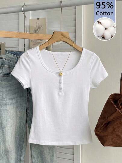 Tseoso 95% Cotton Women's White Henley Short Sleeve T-Shirt - Soft Girl, Clean Girl, Retro Streetwear Rave Top For Spring & Summer, Sports & Yoga, Date Night, Western Festival, Club, Gym, Festivals, Daily Wear, Home & School