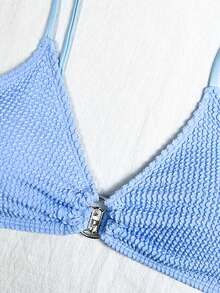 Swim Basics New Summer Crinkle Fabric Spaghetti Strap Round Ring Splice Swimwear Top - Baby Blue - View 5