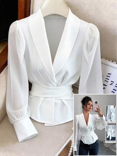 Elenzga 25 件优雅纯色领口系腰交叉带泡泡袖网眼拼布长袖衬衫，修身