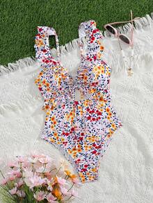 Swim Mod Sexy Floral Ruffled Hollow-Out Backless One-Piece Swimsuit For Women, Summer Vacation - Multicolor - View 3