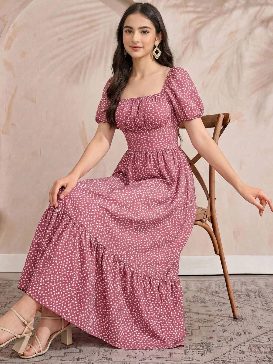 Vestido juvenil con manga corta abullonada y estampado floral, tejido con fruncido - Rosa - Ver 1