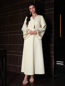 Al Najma 女士春夏杏色梭织纹理长袖亮片流苏下摆优雅浪漫土耳其长袍和阿拉伯传统长裙 - 杏色 - 查看 6