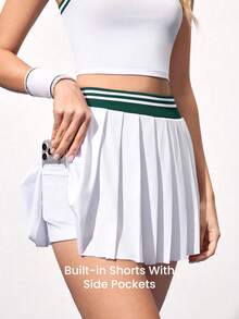 CourtClass Women's Contrast Stripe Cropped Tank Top & Pleated Mini Skirt Tennis Outfit - Multicolor - View 3