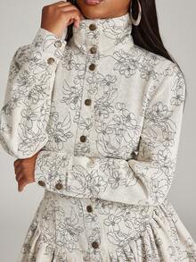 NYA SZN Women's Floral Print Single-Breasted Long Sleeve Ruffle Hem Denim Dress - Multicolor - View 4