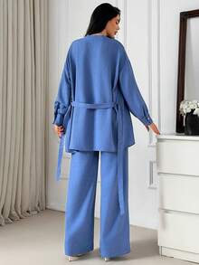 EURMUSE Conjunto de top envolvente con cinturón y pantalones de pierna ancha - Elegante conjunto de dos piezas de manga larga de tela vaquera suelta - Azul - Ver 7
