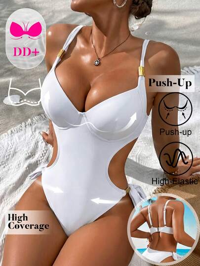 Swim DD+ 1pc Women's Sexy Underwire Solid Color Cutout Waist Tie-Front One-Piece Swimsuit With Metal Accents