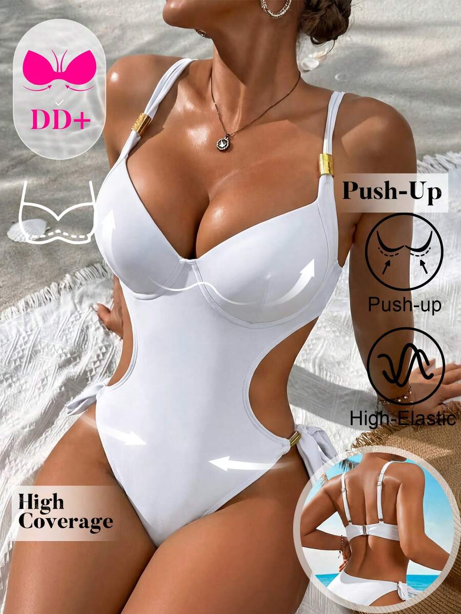 Swim DD+ 1件装女士性感钢圈纯色镂空腰部系带连体泳衣,带金属装饰 - 白色 - 查看 1