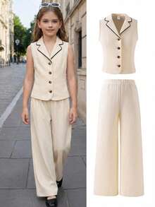 SHEIN 2 pièces Ensemble gilet et pantalon pour préadolescentes en tissu tressé de couleurs contrastées - Nude - Voir 3