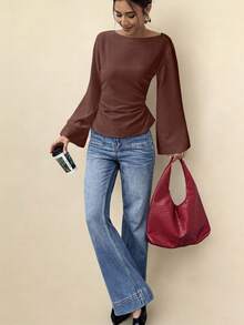 Selianne Women's Fall & Winter Work/Office Women's Work Shirt Cinched Waist Flared Sleeve Shirt - Brown - View 3