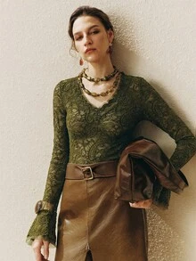 Arave Women's Velvet Lace Contrast Mesh Design Slim Fit Flared Cuff V-Neck Elegant Green Long Sleeve Blouse - Green - View 4