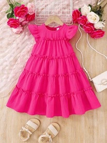 SHEIN Young Girl Woven Solid Color Round Neck Ruffle Hem Fitted Dress - Hot Pink - View 3