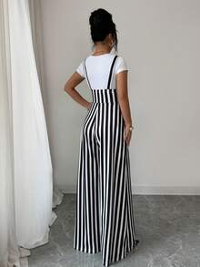 Elenzga Women's Casual Commuter Striped Wide Leg Jumpsuit - Black - View 2