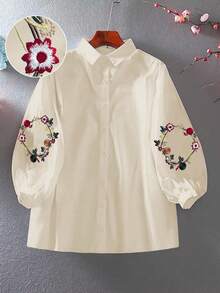 SHEIN LUNE Plus Size Women Flower Embroidery Lantern Sleeve Casual Shirt - Apricot - View 1