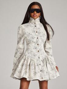 NYA SZN Women's Floral Print Single-Breasted Long Sleeve Ruffle Hem Denim Dress - Multicolor - View 3