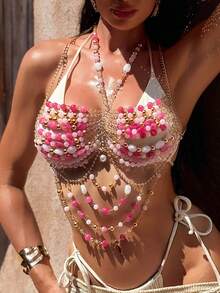 Sirith Áo choàng đính hạt nhiều màu sắc đi biển mùa hè/thu mới, thiết kế gợi cảm và thời trang phù hợp cho các lễ hội âm nhạc, phong cách Bohemian dành cho phụ nữ - Màu Hồng Tươi - Xem 3