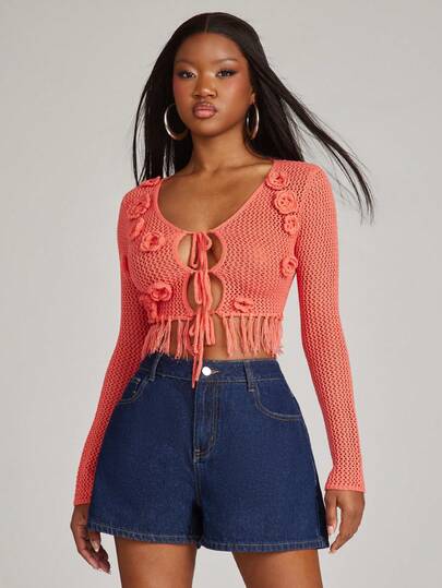NYA SZN Cárdigan corto de punto hueco con adorno floral 3D, flecos y unicolor para vacaciones