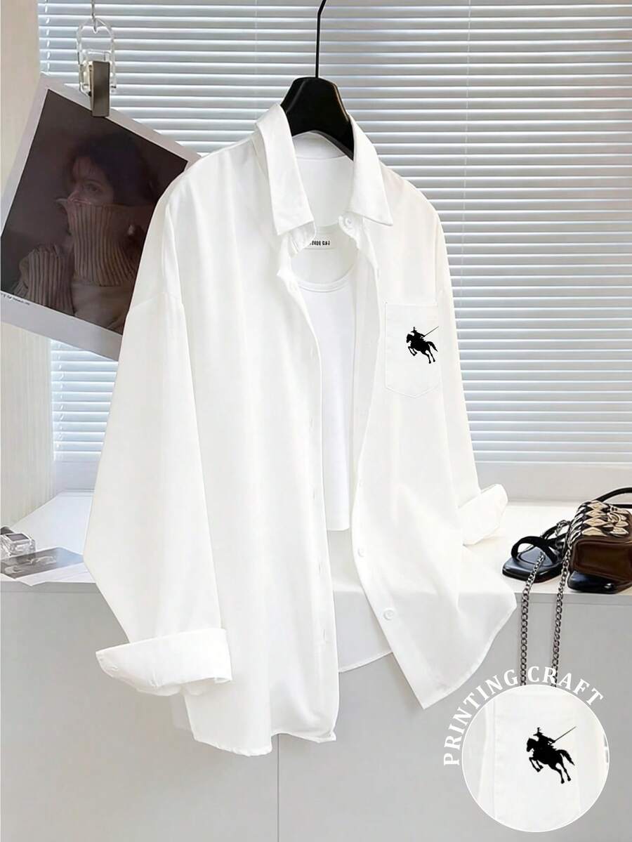 SHEIN 女式休闲百搭骑士印花口袋衬衫 - 白色 - 查看 1