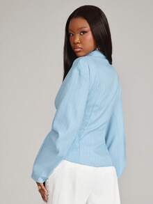 NYA SZN Top Long Sleeve Collared Balloon Sleeve Lace Up Front Corset Details Sexy Easter St. Patricks Day Brunch Casual Everyday Going Out Party Special Occasion Travel Vacation Office Siren Western Country Date Night Elegant Luxury Outfits For Women - Blue - View 2