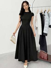 SHEIN Đầm suông màu trơn đơn giản thoải mái tối giản cho bé gái tuổi teen - màu đen - Xem 4
