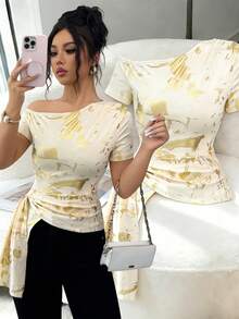 Elenzga 女士时尚亮面箔片斜肩不规则下摆系带喇叭袖休闲、优雅、通勤、复古、外出、约会、用餐、度假T恤，春夏款 - 彩色 - 查看 1