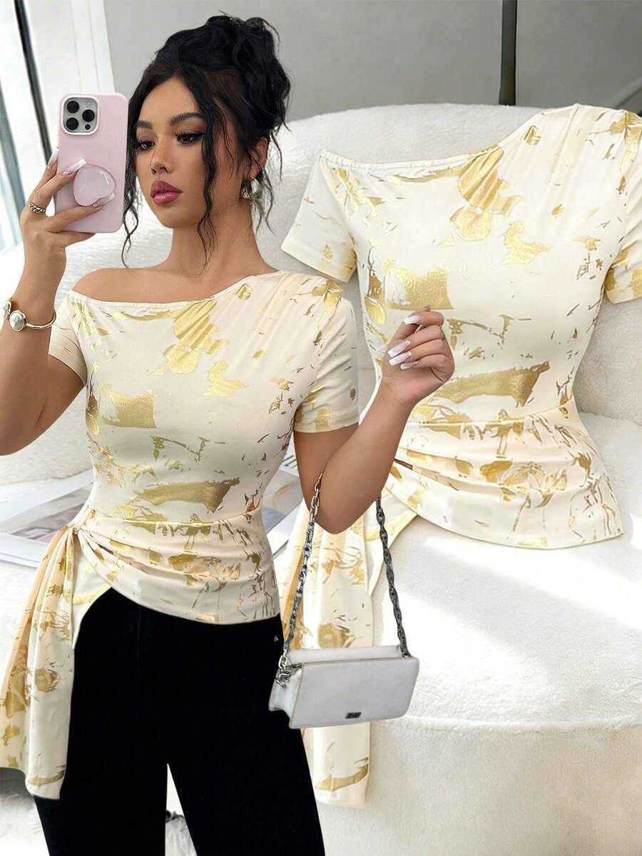 Elenzga 女士时尚亮面箔片斜肩不规则下摆系带喇叭袖休闲、优雅、通勤、复古、外出、约会、用餐、度假T恤，春夏款 - 彩色 - 查看 1