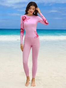 Swim Mulvari Spring/Summer New Women Vacation Beach Floral Print Long Sleeve Top, Pants And Mesh Skirt 3-Piece Set - Pink - View 5
