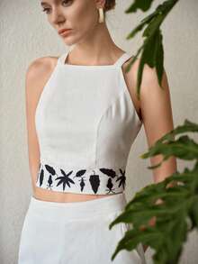MOTF PREMIUM VACATION LEAF EMBROIDERY CAMI TOP AND WIDE LEG PANTS SET - White - View 6