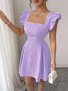 Elenzga Y2K美国独立日新季法式方领盖袖收腰夏季高端纹理花卉A字甜美迷你优雅办公室连衣裙，奶油黄色 - 淡紫色 - 查看 5