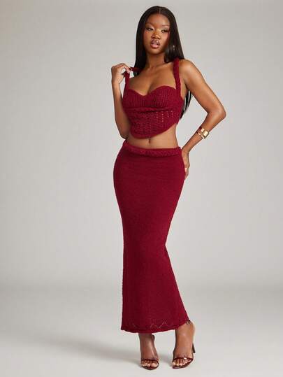 NYA SZN Knit Matching Set Cropped Top And Maxi Skirt Braided Detail Corset Style BUstier Fitted Sexy Birthday Date Girls Night Club Party Event Formal Summer Spring Break Vacation Travel Outfits For Women