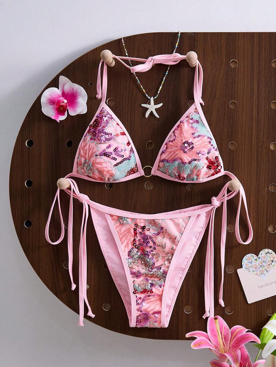 Bonvoyette Women's Sexy Sequin Halter Bikini Set, Suitable For Beach, Vacation, Party - Pink - View 1