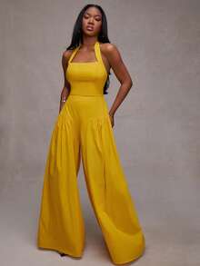 NYA SZN Jumspsuit Halter Neck Wide Led Fit And Flare Baby Shower Special Event Date Night Everyday Vacation Travel Beach Spring Summer Casual Brunch Outfits For Women - Yellow - View 3