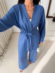 EURMUSE Conjunto de top envolvente con cinturón y pantalones de pierna ancha - Elegante conjunto de dos piezas de manga larga de tela vaquera suelta - Azul - Ver 5