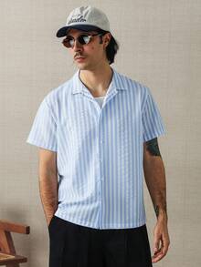 HUEFORM Men's Striped Short Sleeve Button-Front Casual Shirt, Textured Fabric, Summer - Blue - View 5