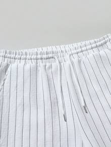 Manfinity Homme Men's Spring/Autumn Striped Casual Suit, Collared Long Sleeve Shirt With Practical Pockets + Drawstring Waist Pants, Versatile Daily Wear - White - View 8